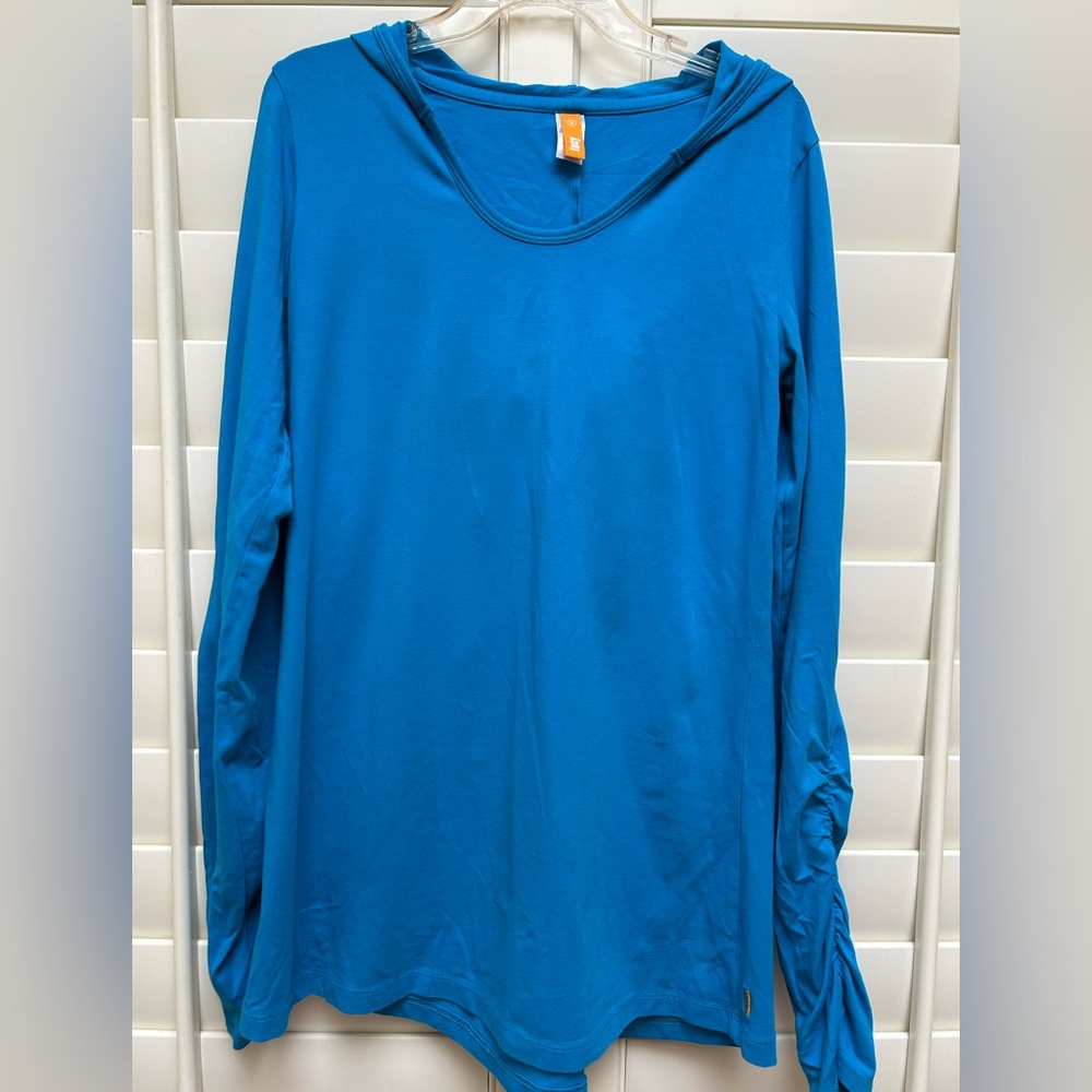 Lucy long sleeve ruched hoodie to, turquoise, size S